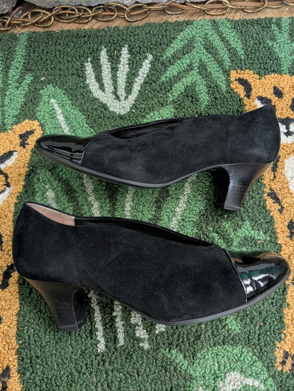 Beautifeel Womens EU 38 Black Suede Patent Cap Toe Slip On Pump Heels Office